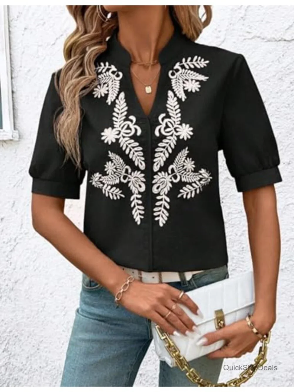 Floral Embroidered V Neck Boho Short Sleeve Linen Blouse Tops